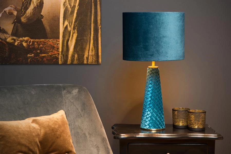 Lucide EXTRAVAGANZA VELVET - Lampe de table - Ø 25 cm - 1xE27 - Turquoise - ambiance 1